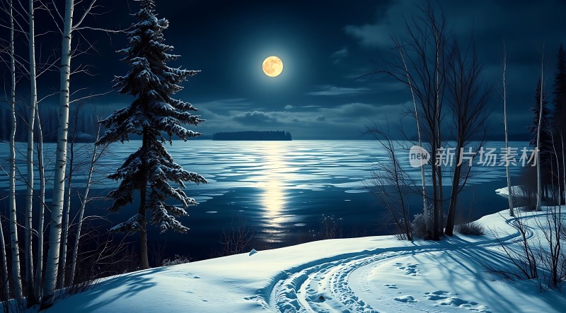 雪夜湖畔月光下