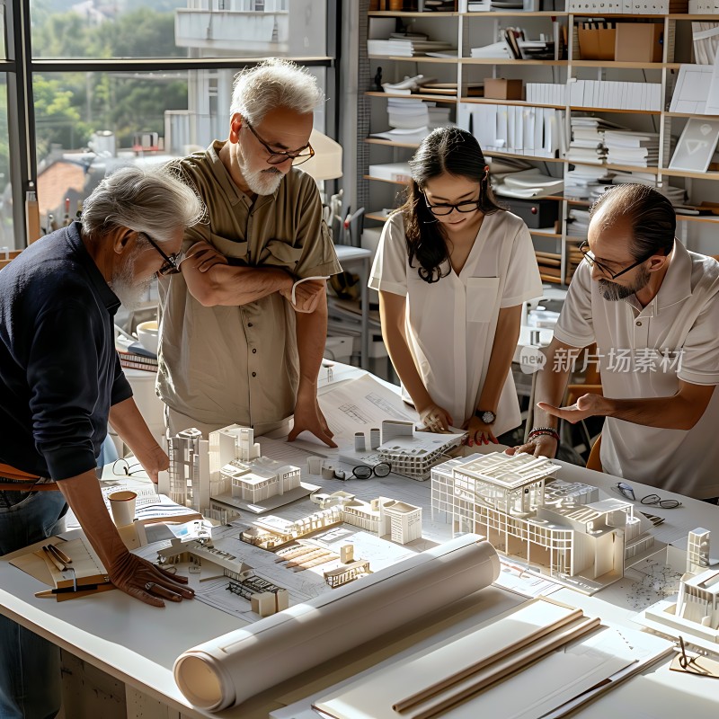 团队协作共同探讨建筑模型设计