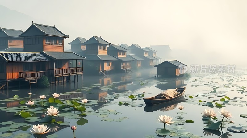 湖畔水乡荷花轻舟映日图