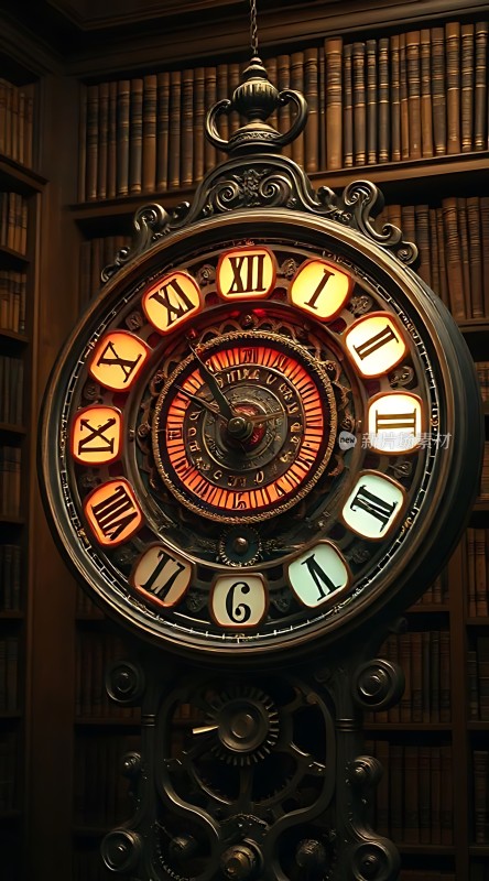 古铜色时钟映照书架