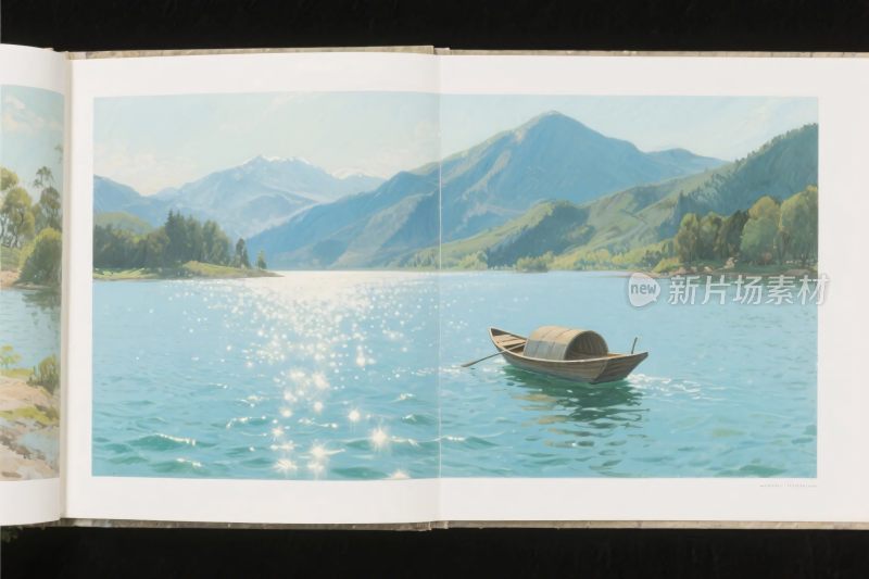 山水湖景舟行插画