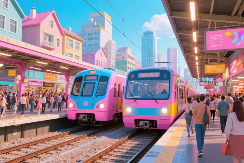 粉色列车城市站台场景