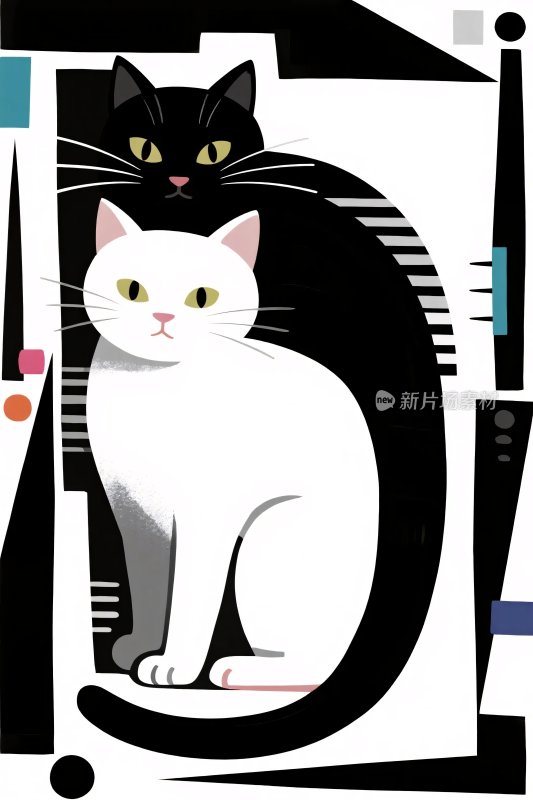 风格化黑白猫咪插画