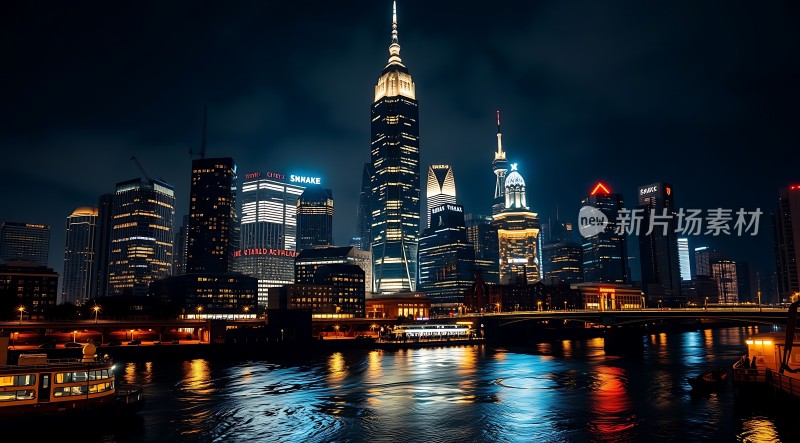 上海夜景黄浦江畔璀璨摩天大楼