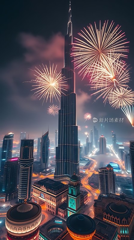 烟花璀璨夜空下的城市地标