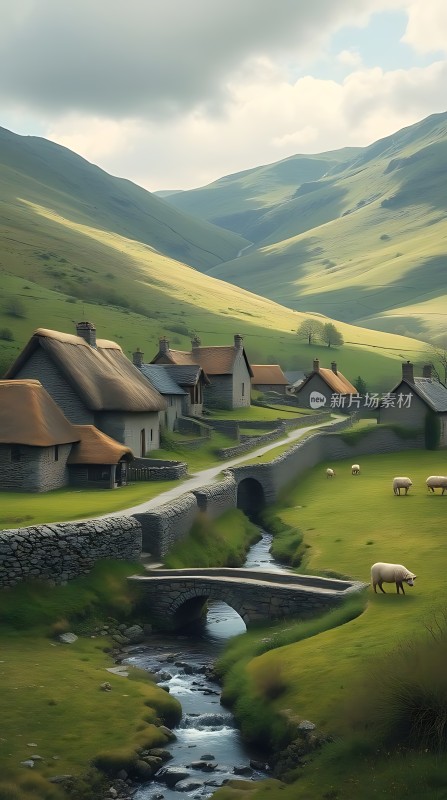 山谷小溪旁的宁静乡村风光