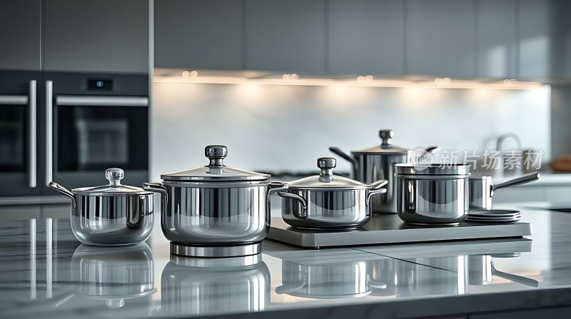 现代厨房不锈钢锅具展示