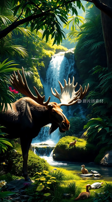 森林瀑布麋鹿