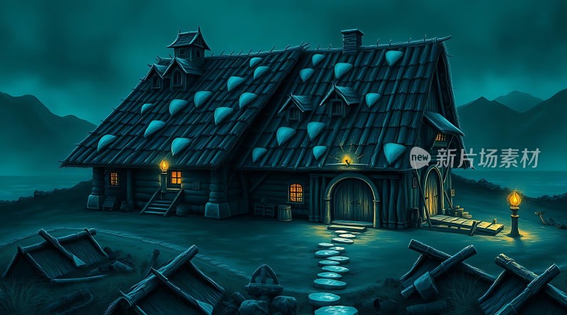 神秘小屋夜晚灯光下的温馨木屋