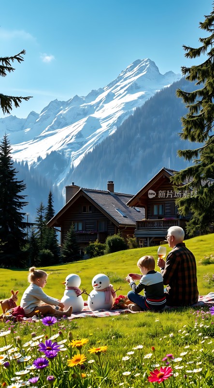 雪山下的温馨家庭野餐时光