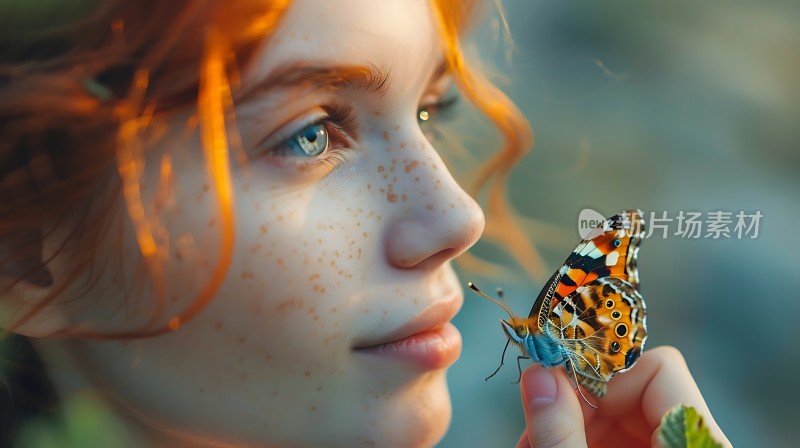 红发女孩与蝴蝶的亲密接触