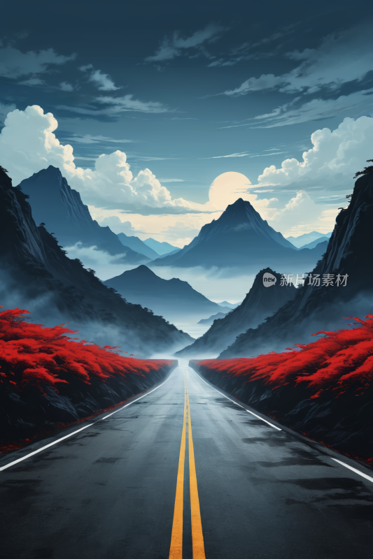 穿过山脉的道路的高清插图片