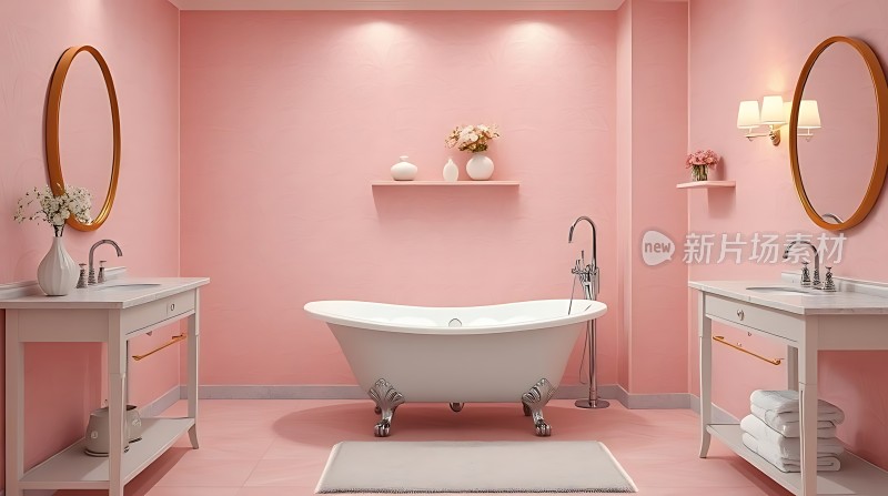 温馨粉色浴室白色浴缸双洗手台