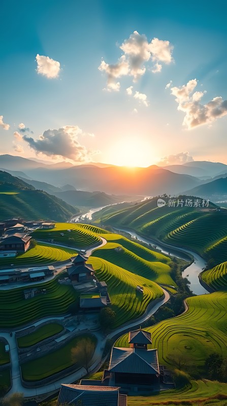 梯田晨曦阳光洒满大地