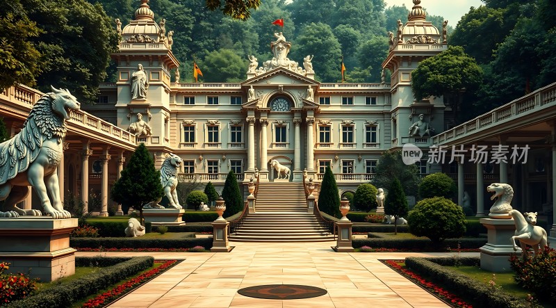 皇家园林狮子守护下的宏伟宫殿