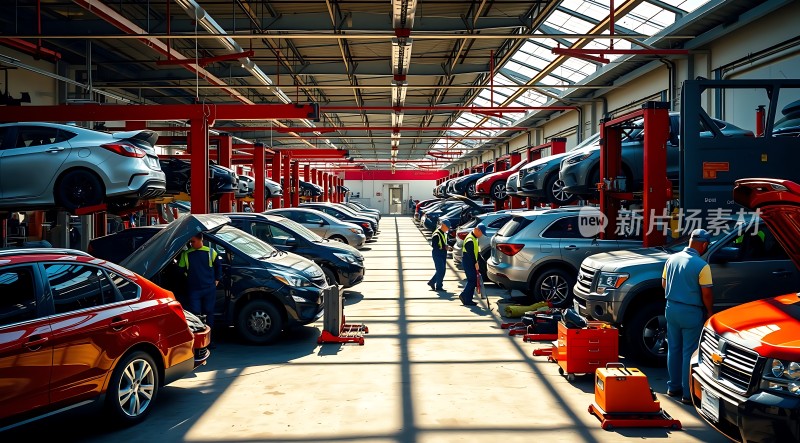 车间内多辆汽车被维修人员检查和修理