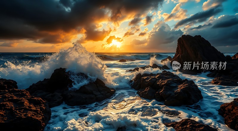 日落时分的海浪与岩石