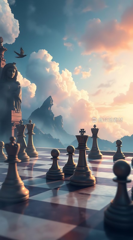 棋局对弈云雾缭绕山峦起伏天空蔚蓝阳光洒落