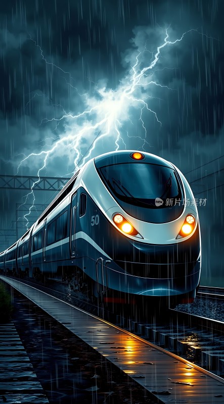 疾驰于雷雨中的高速列车