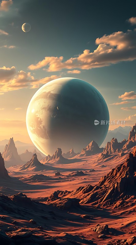 异星大月悬空荒芜地貌映衬