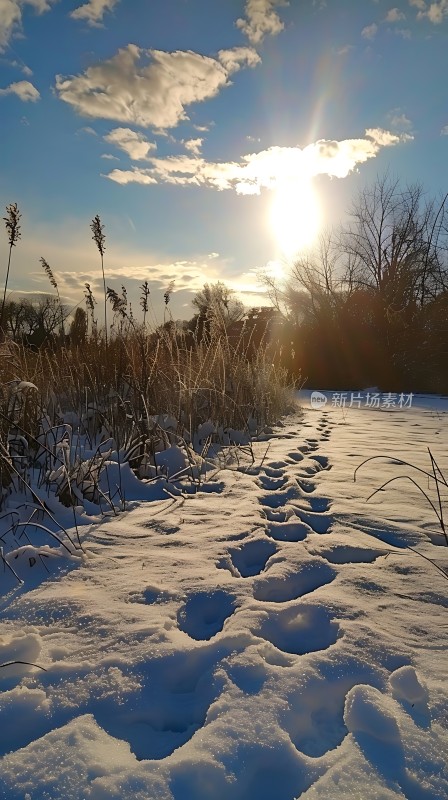 雪地小径上的足迹阳光下的宁静美景