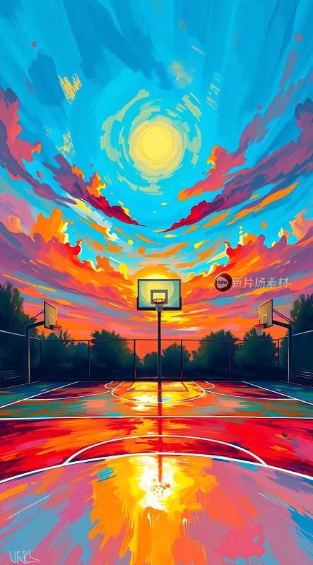 日落下的篮球场