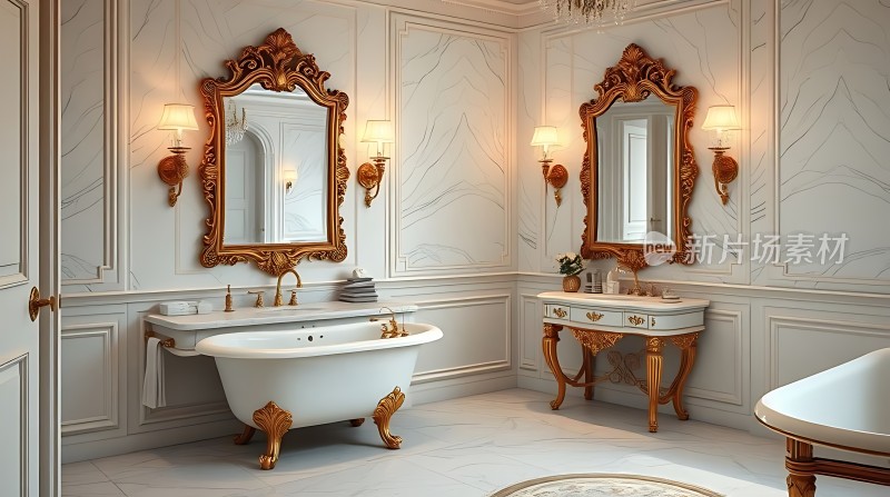 金色装饰浴室奢华洗手台与浴缸