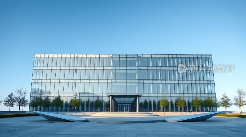 现代玻璃幕墙建筑蓝天映衬下的宏伟外观