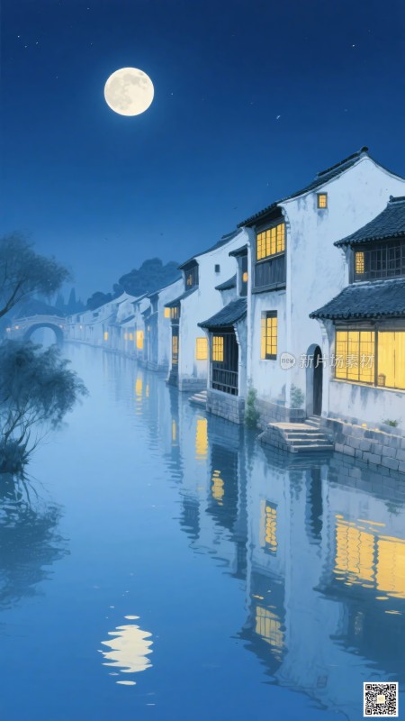 月夜下的江南水乡景致
