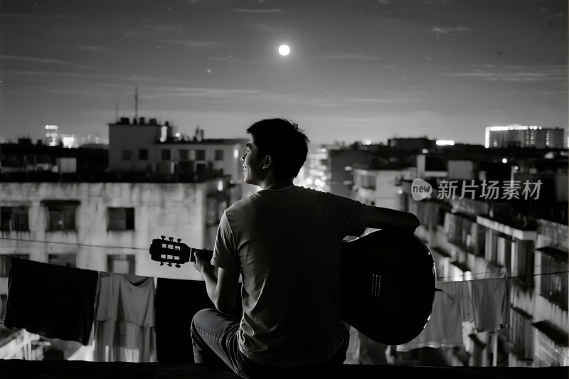 夜幕下的吉他手城市月光下的旋律