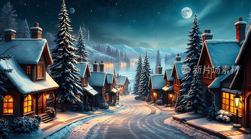 雪夜小镇温馨宁静