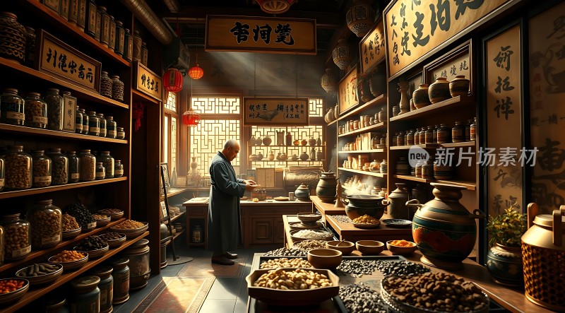 古风中药铺老中医配药