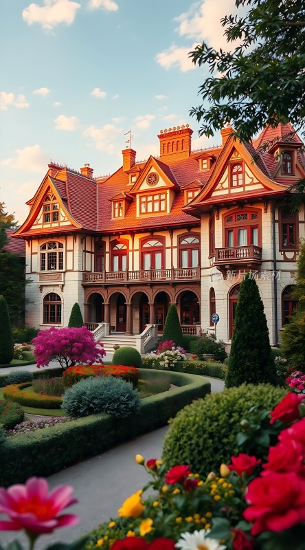 阳光下的欧式建筑与花园美景