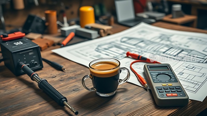 工作台上的咖啡与工具