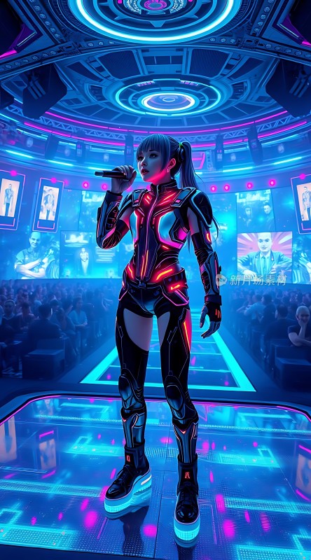赛博朋克舞台上的未来女歌手