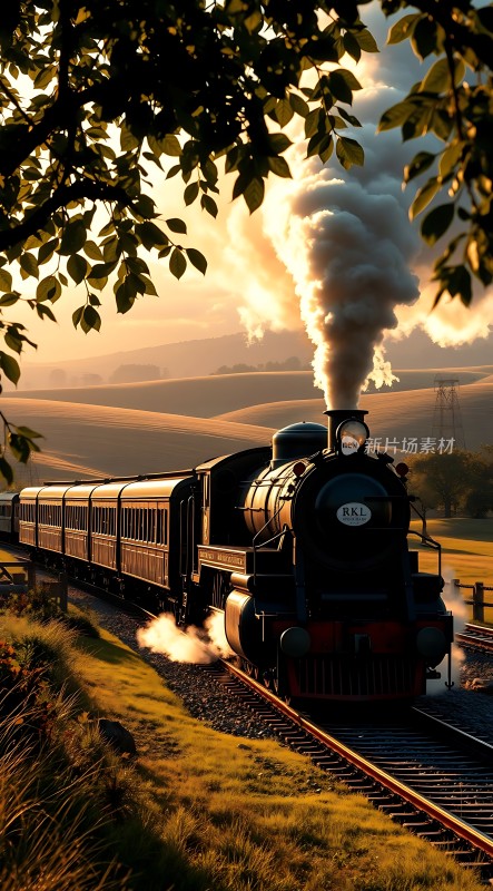 蒸汽火车穿越金黄草地
