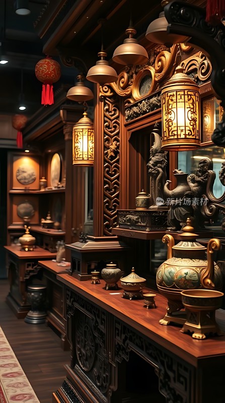 古董店里的精美瓷器与灯具展示