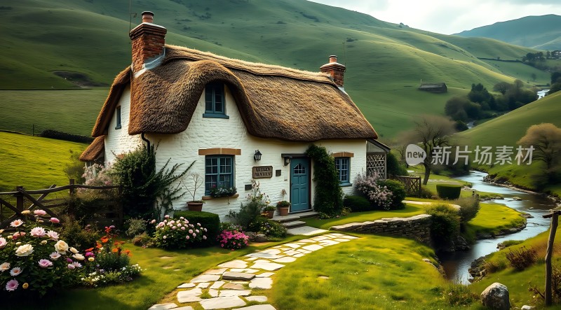 绿色山谷中温馨小屋