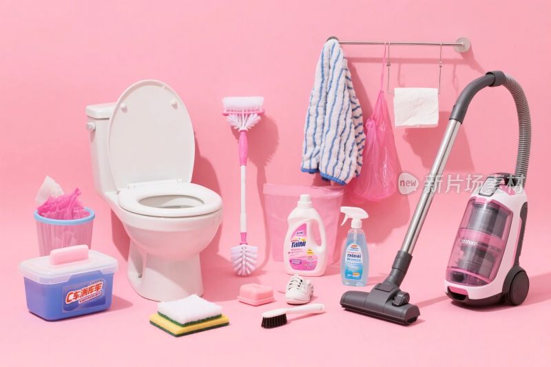 粉色背景清洁用品集合