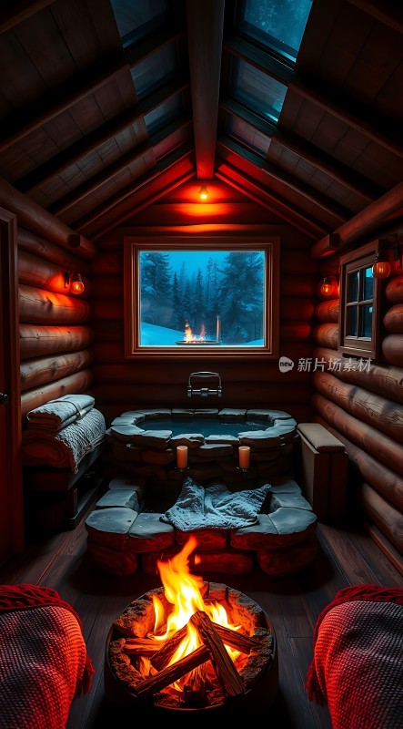 冬日暖炉温泉小屋