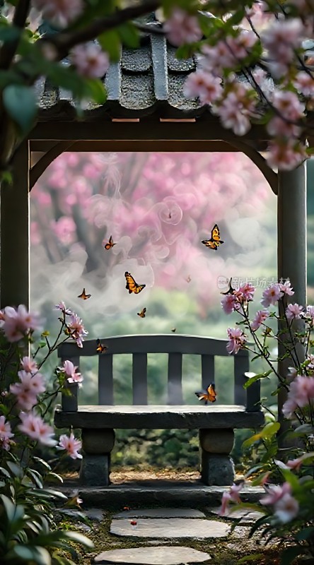 春日花影蝶舞小径幽亭