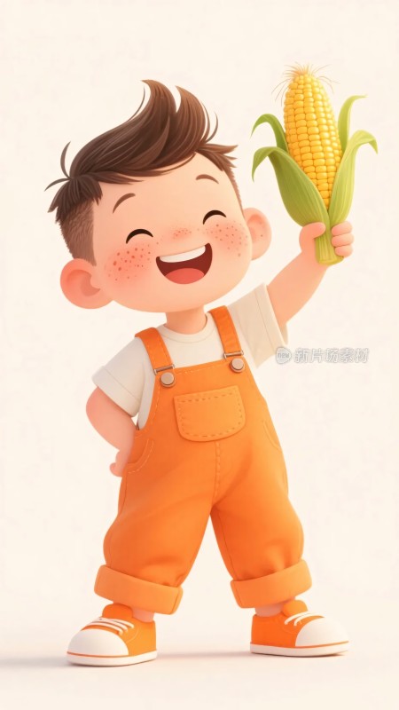 手持玉米的开心小男孩