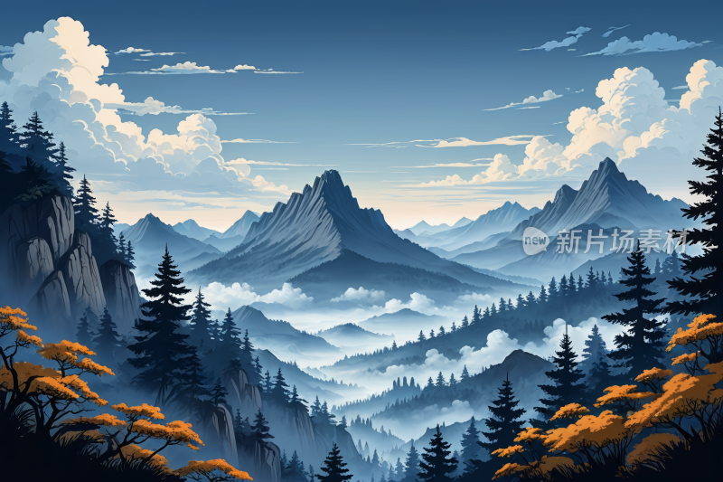 有树云山景高清风景插画图片