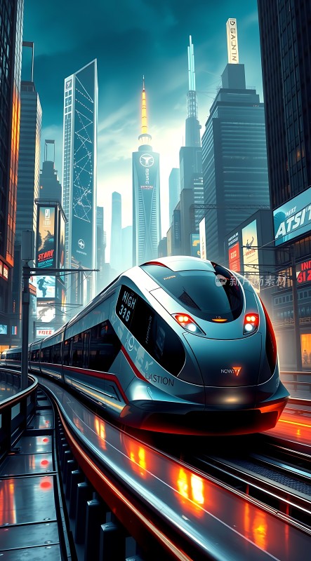 未来城市列车穿梭高楼之间
