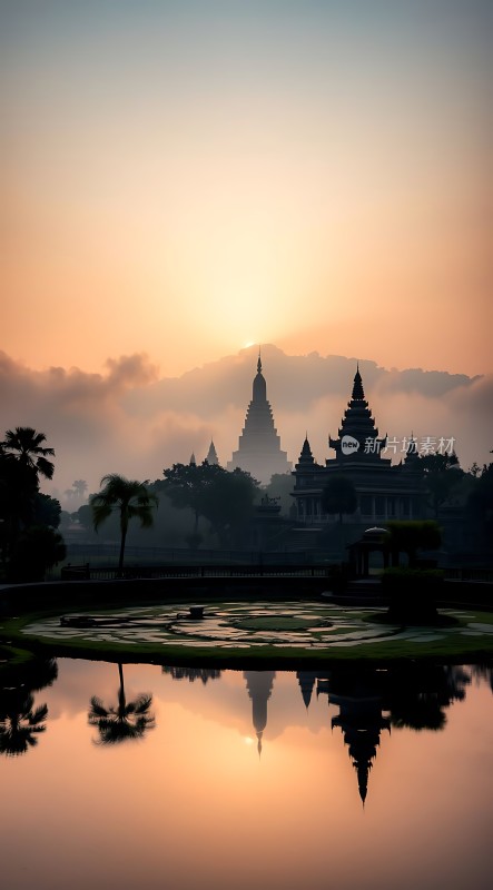 日出佛塔映湖畔静谧美景入眼帘