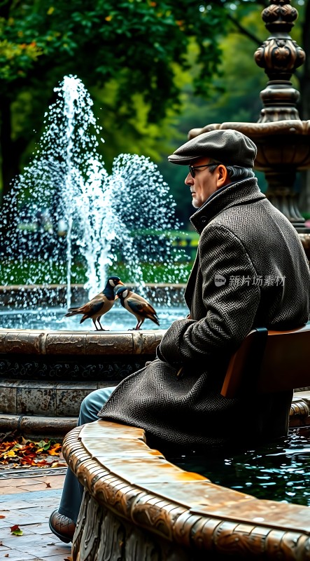 公园里的宁静时光老人与鸟儿的和谐相处