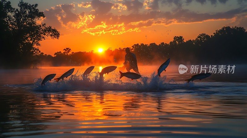 夕阳下的鱼跃人影