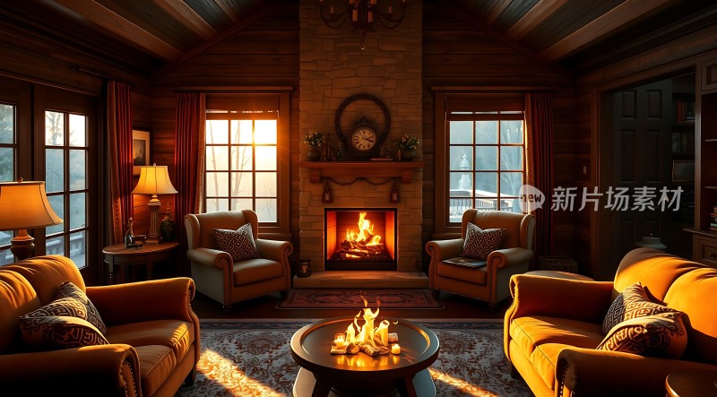 温馨壁炉客厅舒适沙发与温暖灯光营造宁静氛围