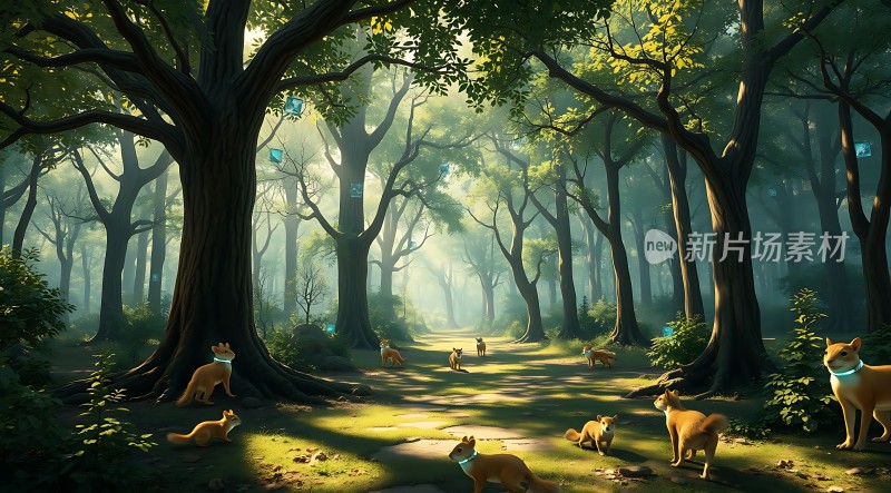 阳光下的森林小径与狐狸