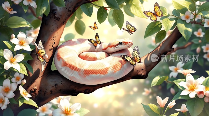 春日花丛中的蛇与蝶